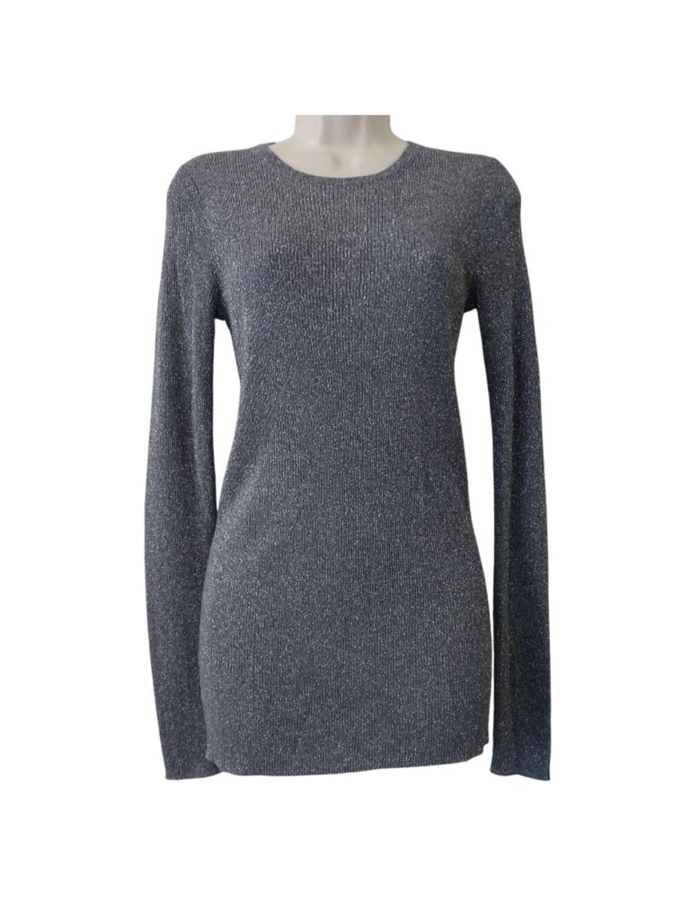 Ann Taylor Silver Metallic Long Sleeve Crewneck Longline Sweater Size M Ribbed